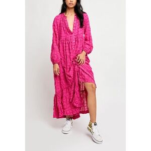 Free People Edie Plaid Tiered Maxi Dress Hot Pink Women's Size XL